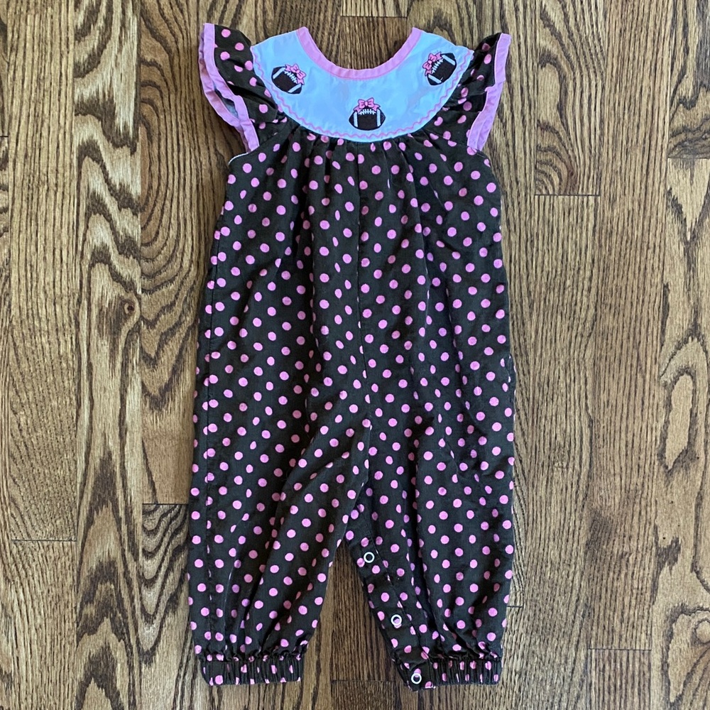 Brown with pink polka dots, Lil Cactus embroidered football one piece, 6-12M